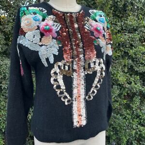 Vintage Marnie West Silk Angora Floral Sequins Black Soft Pullover Sweater